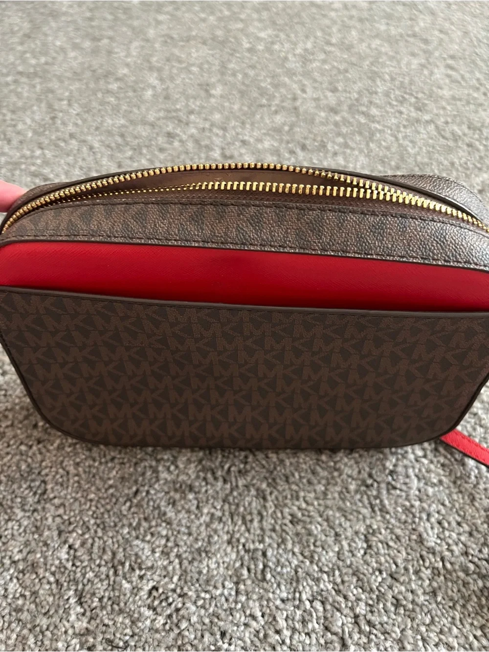 Michael Kors Brown Monogram Crossbody with Red Trim and Gold Chain